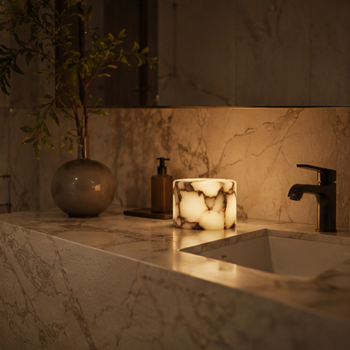 Bathroom counter with marble countertop, sink, and decorative items.