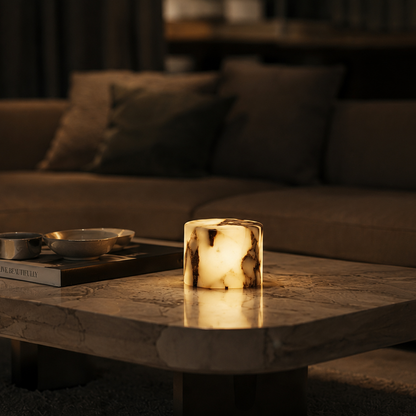 Candle on a coffee table in a dimly lit living room