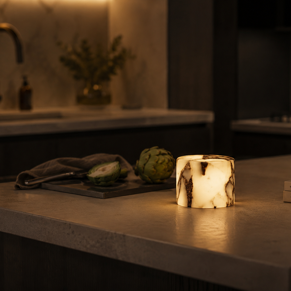 Candle on a kitchen counter with a warm glow, surrounded by kitchen items.
