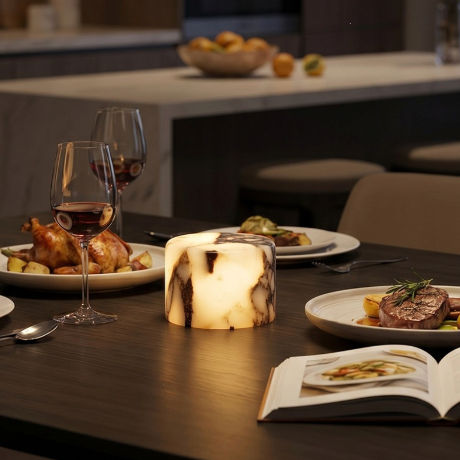 Dinner table setting with wine glasses, plates of food, and a candle.